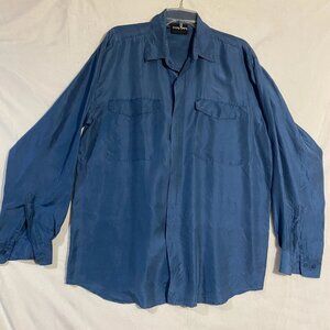 Retro Colore Italia Button Up Blouse Shirt Womens L Blue Classic Silk Pockets